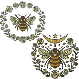 May include: Two detailed illustrations of bees. One bee is surrounded by a daisy wreath, the other is surrounded by daisies, stars, and a crescent moon. The bees have star accents.