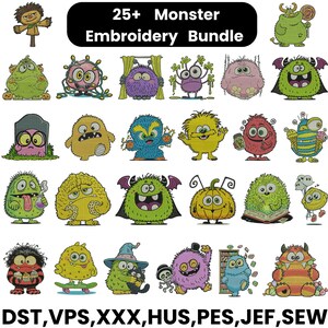 May include: A collection of 25+ monster embroidery designs in various colors and styles. The designs include cute and quirky monsters, perfect for embroidery projects. The image also includes the text "25+ Monster Embroidery Bundle" and file types.