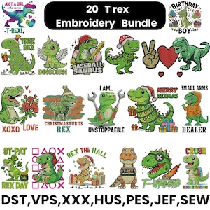 Puede incluir: Una colección de 20 diseños de bordado T-Rex. Los diseños presentan varios dinosaurios de dibujos animados con texto como "Just a Girl Who Loves", "Baseball Saurus", "Merry Rexmas" y "Crush Kindergarten". Los diseños son en verde, rojo y marrón.
