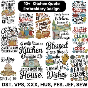 Könnte beinhalten: Eine Sammlung von über 10 Stickmustern zum Thema Küche mit verschiedenen kulinarischen Zitaten und Illustrationen von Kochutensilien, Lebensmitteln und Küchengeräten, inklusive Texten wie Baking is the Spice of Life.