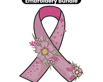 Cancer Awareness Ribbon Embroidery design, Floral Ribbon Embroidery, Breast Cancer Awareness,Cancer Ribbon design, Machine Embroidery Design