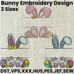 Può includere: Tre ricami di un coniglio con uova di Pasqua. Il primo ricamo mostra un coniglio rosa con un fiocco. Il secondo ricamo mostra un coniglio blu con un fiocco. Il terzo ricamo mostra un coniglio con i piedi blu e uova di Pasqua.