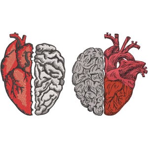 Może przedstawiać: Dwie haftowane naszywki z anatomicznymi wzorami. Jedna naszywka przedstawia czerwone serce i szary mózg. Druga naszywka przedstawia szary mózg i czerwone serce. Obie naszywki są na białym tle.