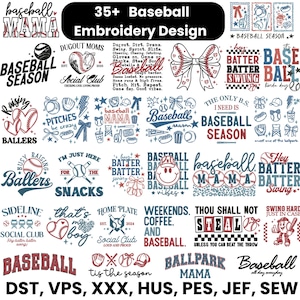 Może przedstawiać: Kolekcja ponad 35 wzorów haftów o tematyce baseballowej z różnymi hasłami, takimi jak Baseball Mama, Dugout Moms i Hey Batter Batter. Grafiki przedstawiają piłki, kije, kokardy, serca i uśmiechnięte buźki w kolorze czerwonym, niebieskim i czarnym.
