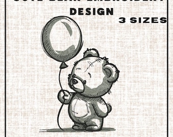 May include: A black and white embroidery design featuring a cute bear holding a balloon. The text reads "CUTE BEAR EMBROIDERY DESIGN 3 SIZES" and lists embroidery file formats. The design is suitable for various embroidery projects.