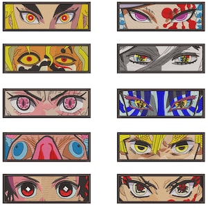 Puede incluir: Un conjunto de diez parches bordados que representan los ojos de diferentes personajes de anime. Los parches son rectangulares y tienen un borde negro. Los ojos son de colores brillantes y detallados.