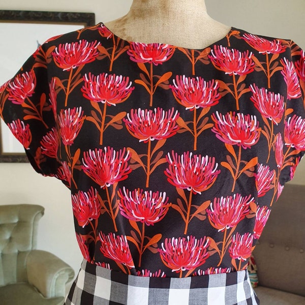 Jocelyn Proust waratah floral print Vivienne Top. Black Cotton native Australian made women's tee top.