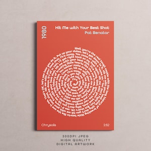 1980&#39;s Song Lyric Poster,  Retro Wall Art, Music, Songs, Vinyl Design, Spiral, Digital Download Pat Benatar Hit Me with Your Best Shot