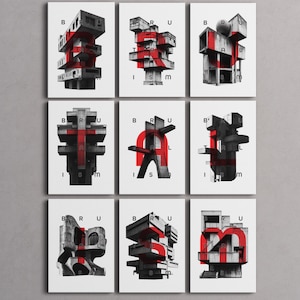 Brutalisme, brutaliste, art mural moderne, architecture, bâtiments, téléchargement numérique, béton, moderniste, monochrome et rouge, lot de 9 images