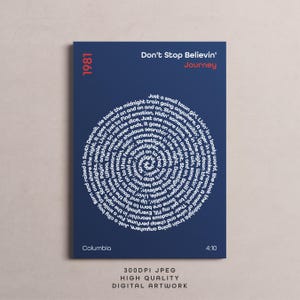 1980&#39;s Song Lyric Poster,  Retro Wall Art, Music, Songs, Vinyl Design, Spiral, Digital Download Journey Don&#39;t Stop Believin&#39;