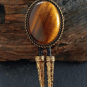 May include: A bolo tie with a large, oval tiger's eye stone set in a decorative, gold-toned metal frame with a rope-like border. The tie has a black leather cord and ornate gold-coloured metal tips.