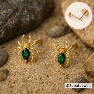Green Spider stud earrings, Conch earrings, Helix earrings, Nose Stud,  Cartilage Earring, Tragus Stud,  Titanium earrings, Gift for her