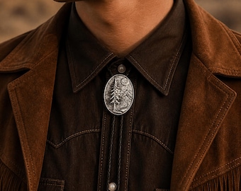 Fir Tree Bolo Tie for Men, Mountain Moon Western Cowboy Tie, Engraved Brass Pendant Necktie, Genuine Leather Cord