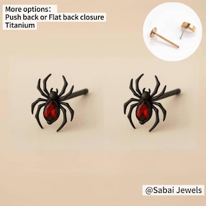 Garnet Spider stud earrings, Tiny black spider gothic earrings, Conch earrings, Helix earrings, Titanium earrings, Birthday gift for her