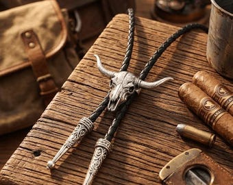 May include: A silver bull skull bolo tie with a braided black cord, resting on a wooden surface. The tie is next to cigars, a cigar cutter, and a lantern. The bolo tie has decorative silver tips.