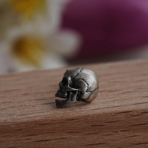 Op de afbeelding: Een kleine, gedetailleerde zilveren schedel figuur. De schedel heeft zichtbare scheuren en groeven en ligt op een houten oppervlak. De achtergrond is wazig met hints van wit en paars.