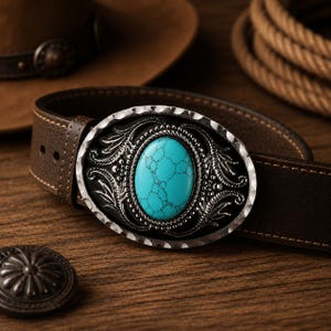 Leatherock Black leather handcrafted artisan buckle turquoise-style cabochons Turquoise Hand Tooled Leather Western Belt main image 4