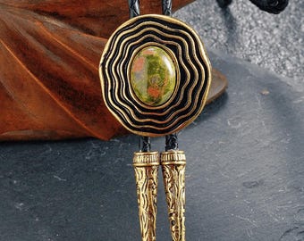 Unakite Gemstone Bolo Tie for Men, Desert Style Ranch Fashion Accessory, Country Ceremony Jewelry