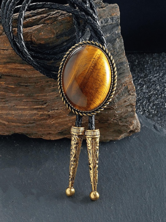 Tiger Eye Bolo Tie for Men, Western Cowboy Necklace, Country Wedding Groom Accessory