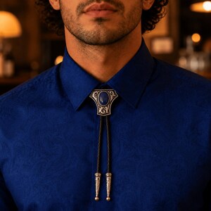 Triangle Silver Bolo Tie for Men, Engraved Western Cowboy Necktie with Lapis Lazuli, Geometric Shield Men's Accessories