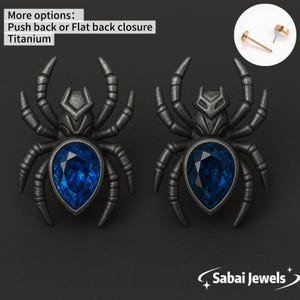 Gothic Spider Stud Earrings Cool Earrings Blue Gemstone Titanium Earrings Studs Weird Earrings Goth Earrings Quirky Earrings Gift for Her