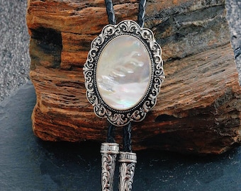 Mother of Pearl Groom Bolo Tie, Rustic Western Wedding Necktie, Vintage Cowboy Formal Tie