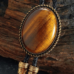 May include: Oval bolo tie featuring a tiger's eye stone. The stone is set in a bronze-coloured metal frame with a rope-like border. The black leather cord has decorative gold-coloured metal tips. A classic accessory.