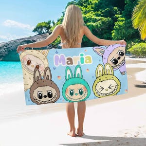 Toalla de playa Labubu personalizada con nombre, toalla de playa Labubu personalizada, toalla de piscina personalizada, regalo para vacaciones o cumpleaños, toalla de club de natación