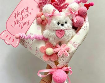Ramo de peluches hecho a mano / Oso, perro, flores rosas, regalo para el Día de la Madre