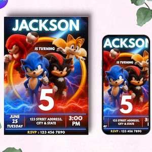 Convite de aniversário do Sonic 3, convite para festa dos Super Hedgehog Boys, convite para festa do Super Sonic, modelo de convite editável do Sonic, modelo do Canva