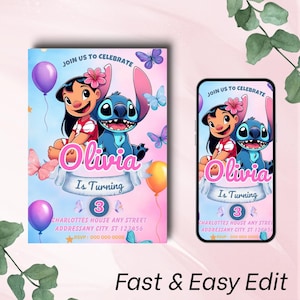 Stitch Birthday Party Invitation Template | Editable Cartoon Bday Evite & Fun Canva Design for Kids Party, Instant Download Bday Invite