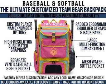 Custom Fastpitch Softball Backpack - Sublimated Team Gear Bag with Logo - Personalized Player Name & Number - Bulk Orders Factory Direct