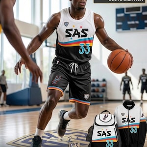 Zestaw strojów do koszykówki na zamówienie – Koszulka i spodenki SAAS Retro z nadrukiem sublimacyjnym – Profesjonalna odzież drużynowa, zestaw młodzieżowy Varsity z pełnym brandingiem