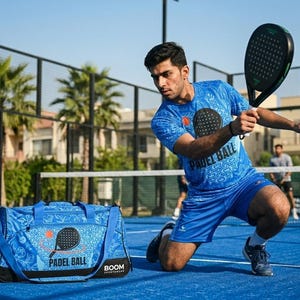 May include: A blue padel ball sports bag and matching athletic wear. The bag features a padel racket graphic and the text "PADEL BALL" and "BOOM SPORTWEAR". A person is playing padel ball on a blue court, holding a padel racket.