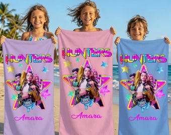 Toalla de playa K-pop Huntrix personalizada, toalla de cazadores de demonios, regalo para fans del anime, regalo de vacaciones de verano para hija, toalla de playa Kpop Demon Hunter