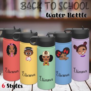 Afro Black Girl Water Bottle with Name,Name on Bottle,Gifts for Girls and Boys,Little Black Girl Bottle,Bottle with Name,Back to School Gift