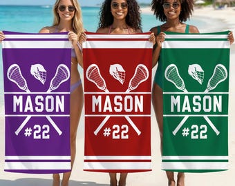 Toalla de playa personalizada de lacrosse, toalla de playa personalizada para equipo de lacrosse, toalla de playa deportiva personalizada de secado rápido, regalo personalizado para compañeros de equipo.