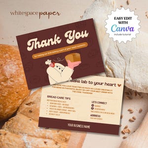 Bakery Shop Thank You Card Template, Bread Pastry Instructions Card, Editable Canva, DIY Business Package Insert Printable, Groovy Retro DYS
