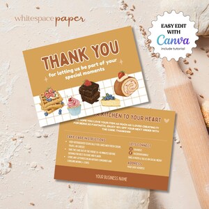 Modelo de cartão de cuidados com bolo de sobremesa fofo no Canva, cartão com instruções para confeitaria doce, agradecimento editável, encarte para padaria para impressão KAW
