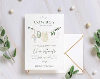 Cowboy Baby Shower Invitation Template | A little Cowboy Is On The Way Invite | Cowboy Clothesline Baby Shower | Green Western Theme