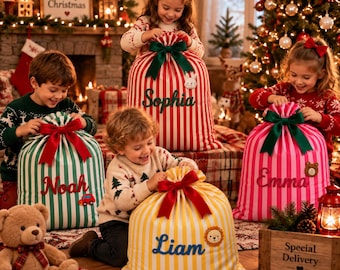 Christmas Morning Santa Sack With Name,Embroidered Holiday Gift Bag,Striped Xmas Present Holder,Reusable Kids Christmas Stocking Alternative