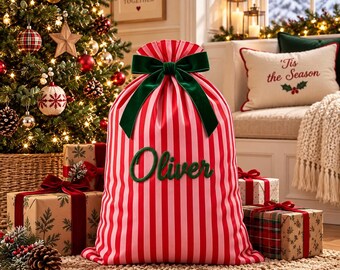 Classic Christmas Santa Bag With Custom Name,Personalized Embroidered Gift Sack,Colorful Stripe Holiday Decor, Reusable Xmas Present Storage