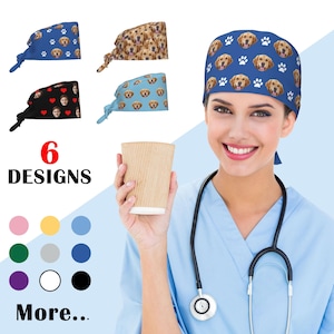 May include: Six scrub caps with different patterns are shown, including dog faces and paw prints. The image also features a colour palette and the text "6 DESIGNS" and "More..."