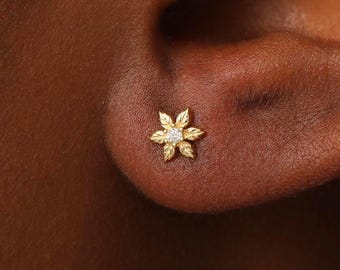 Leaf Flower CZ Stud - Botanical Floral Butterfly Back Earring - Nature Inspired Jewelry - Gold Plated Piercing - Gold or Silver Piercing