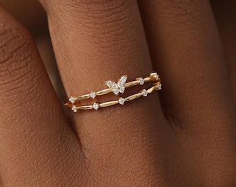 Butterfly Sterling Silver Ring - White CZ Gold Plated Rings - Dainty Statement Jewelry Gift - Everyday Stacking Ring - Double Layer Ring