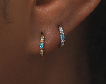 Swiss Blue Topaz CZ Hoop Earring - Sterling Silver Dainty Earlobe Jewelry - Hypoallergenic Piercing - Gold Plated Seamless Clicker