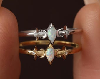 Opal Sterling Silver Star Moon Ring - Celestial CZ Gold Plated Rings - Everyday Stacking Ring - Wedding Jewelry Gift - Engagement Ring