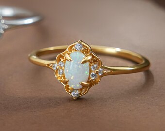 White Opal & CZ Sterling Silver Ring - Floral Gold Plated Rings - Minimalist Statement Jewelry Gift - Everyday Stacking Ring - Promise Rings