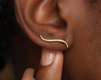 Minimalist Wave Crawler Earrings - Gold Plated Curved Bar Climber Piercing - Dainty Earlobe Stud - Sterling Silver Hypoallergenic Jewelry