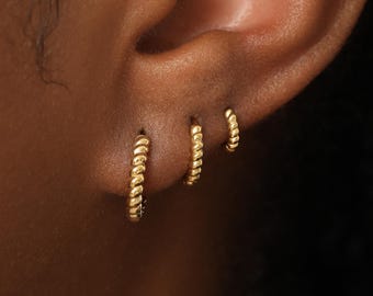 Twisted Rope Hoop Earring - Gold Plated Helix Cartilage Piercing - Tragus Nose Lobe Conch Clicker - Sterling Silver Multi-Size Jewelry